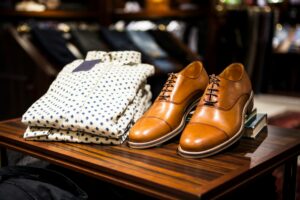pexels-photo-298863-298863 Elegant brown leather shoes and printed shirt displayed on a wooden table in a stylish clothing store.